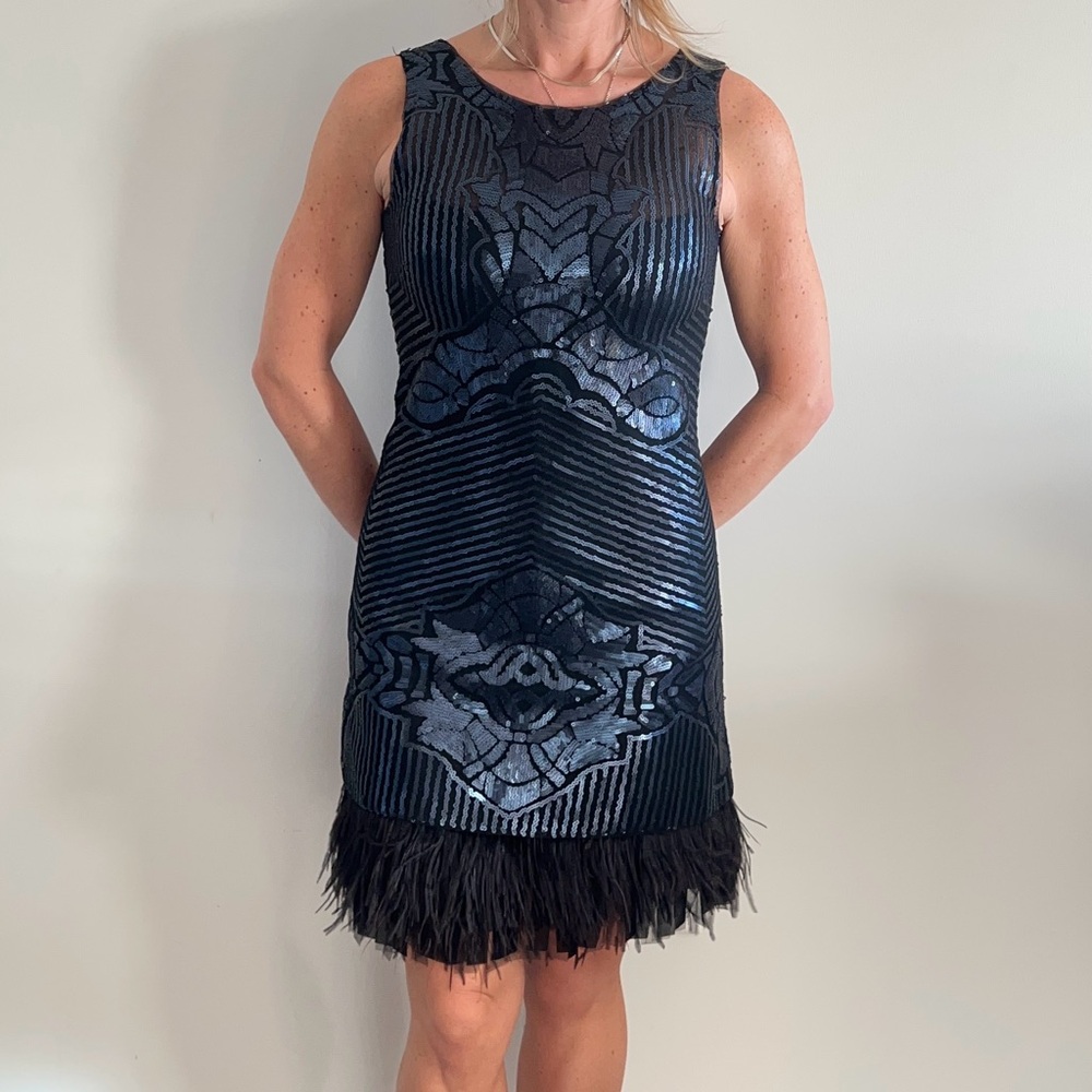 BCBGMaxAzria Black Patterned Mini Dress with Feather Hem